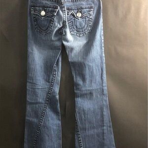 True Religion Joey Big T Low Rise Flare Jeans Size 28 Blue Y2K Flap Pocket USA